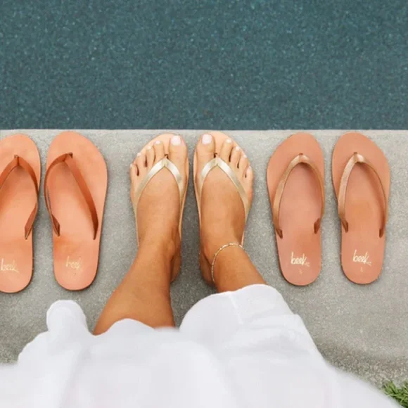 Beek Seabird Platinum/ Honey Leather Flip Flop Thong Sandals Size 7 - Picture 8 of 8